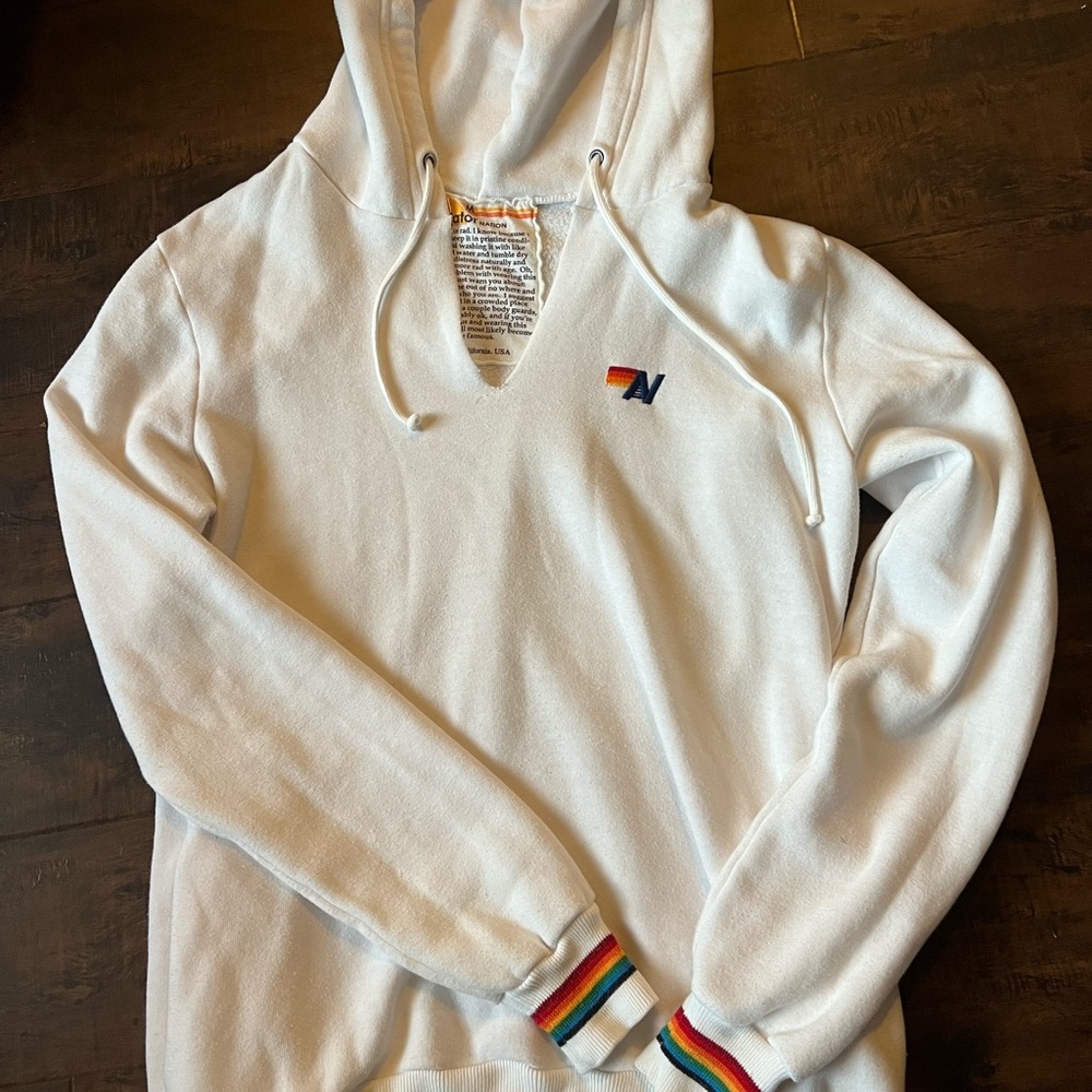Womens Aviator Nation White Rainbow Hoodie Sweatshirt Top M *
